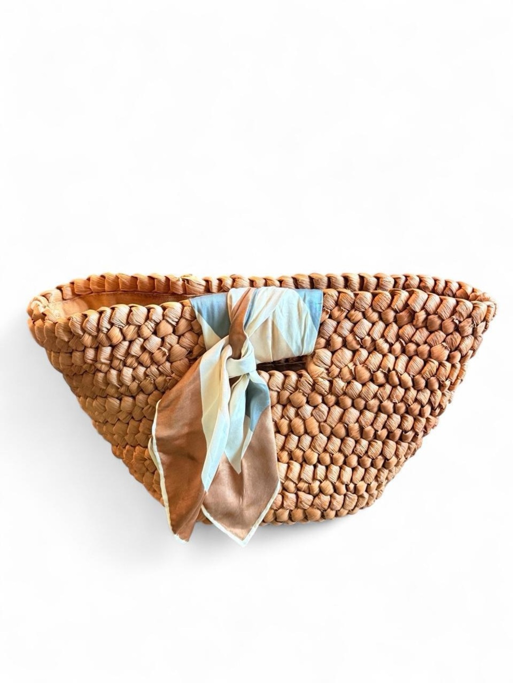 Vera Wang Woven Straw Tote with Blue and Tan Scarf Accent